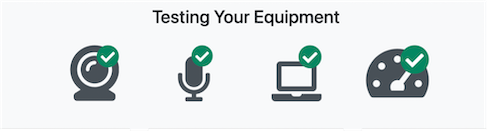 Test equipments webcam, microphone, computer and internet speed icons marked as checked