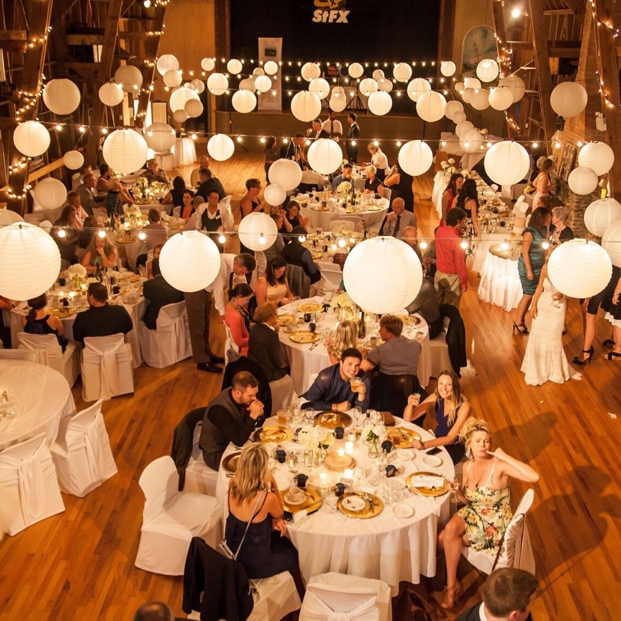 Top view of people eating in a banquet hall