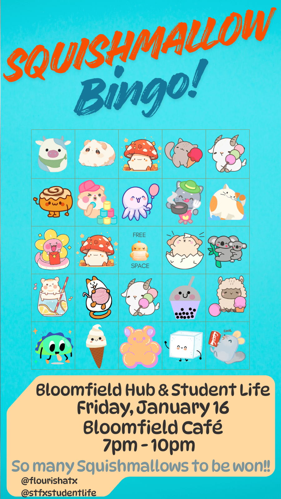 Aqua background with colourful Squishmallows arranged like a Bingo sheet