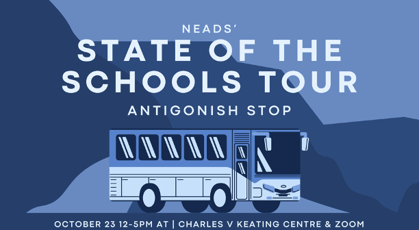 The words State of the Schools Tour above a bus all in blue