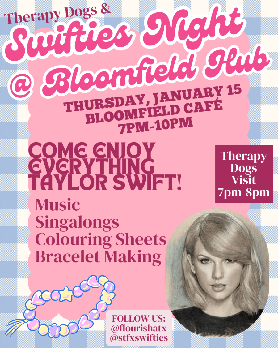 Pink background with blue and white plaid border with text inviting viewer to Thu Jan 15 - Therapy Dogs and Swifties Night at Bloomfield Hub