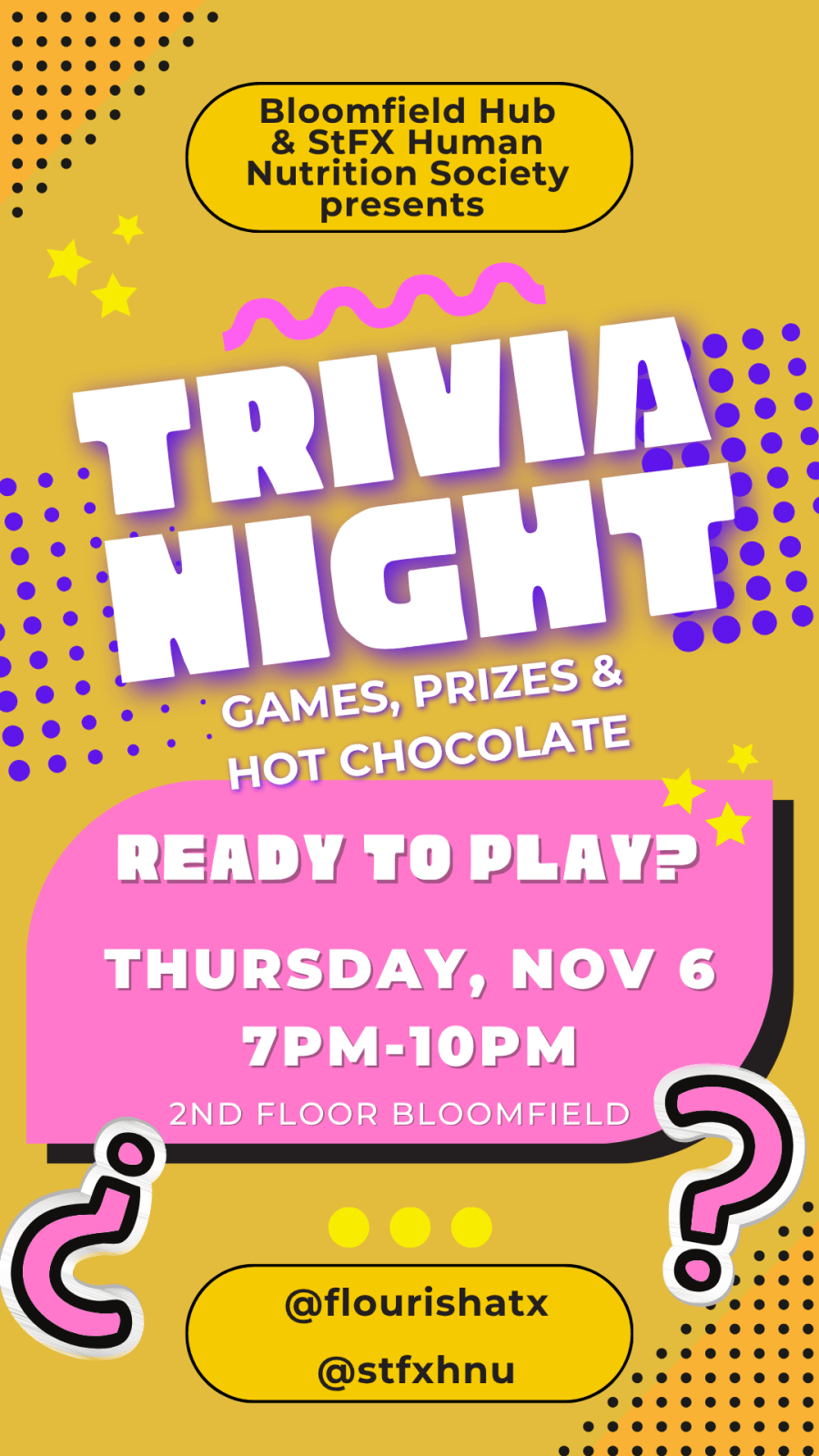 Golden yellow background with pink, white and purple accents. Text inviting you to Trivia Night at Bloomfield Hub Thursday November 6