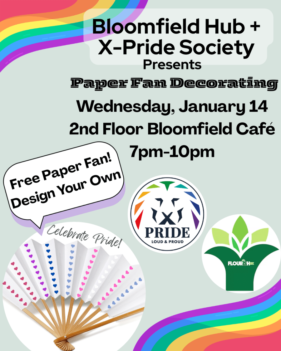 Pale blue background with Pride Flag Boarder Inviting you to STFX Pride Month Paper Fan Decorating