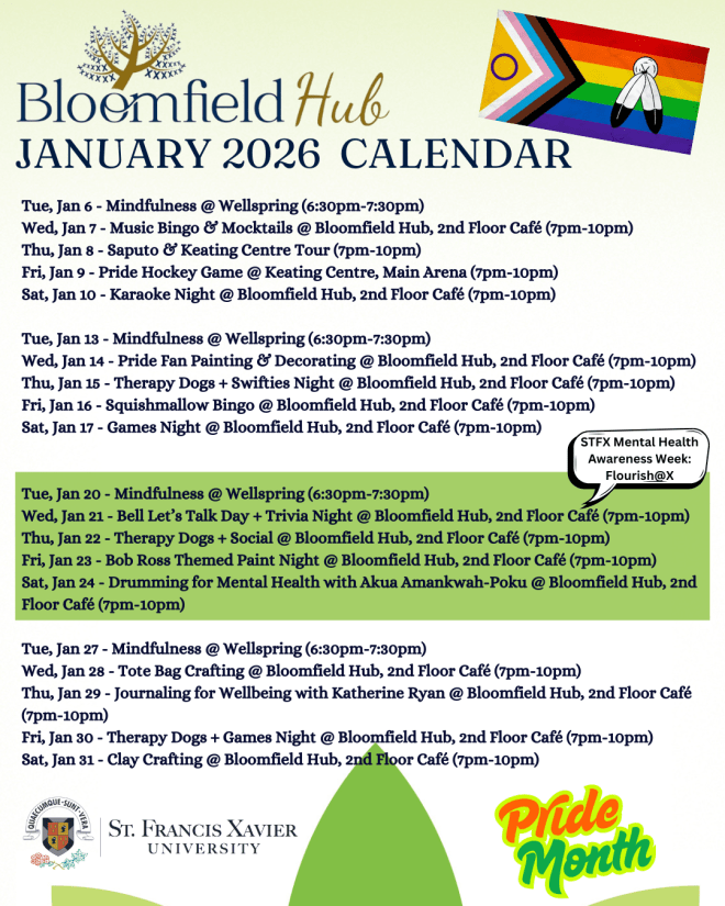 Green and white background with black text with details of January 2026 Bloomfield Hub Calendar