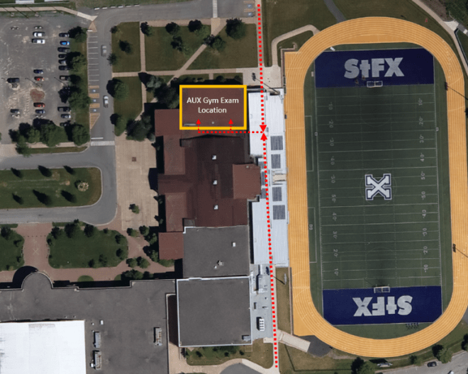 Map of campus highlighting aux gym exam location