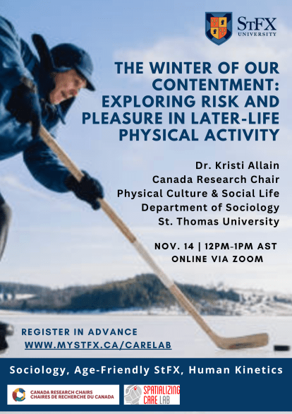 Poster for event &quot;The Winter of Our Contentment: Exploring Risk and Pleasure in Later-Life Physical Activity&quot;