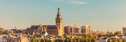 A view of a city with tall buildings.