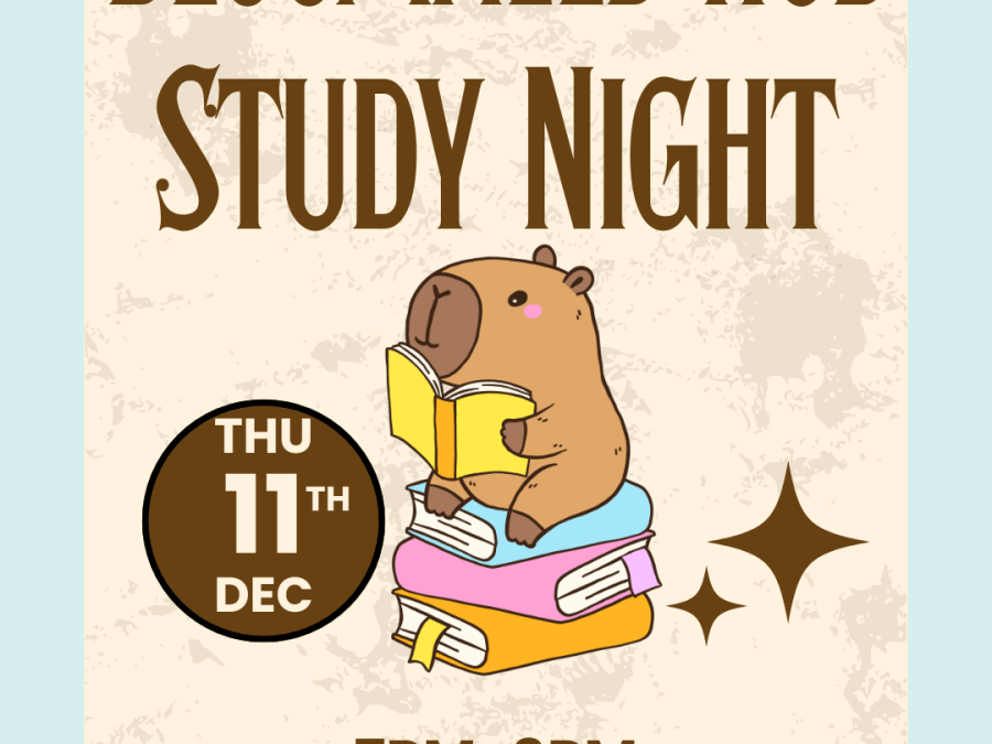 Beige background with light blue border, cute animal reading a yellow book, sitting on a stack of books text inviting to December 11th Study Night at Bloomfield Hub