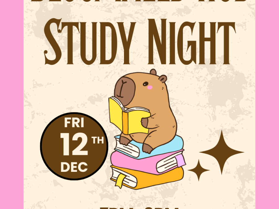 Beige background with pink border, cute animal reading a yellow book, sitting on a stack of books text inviting to December 12th Study Night at Bloomfield Hub