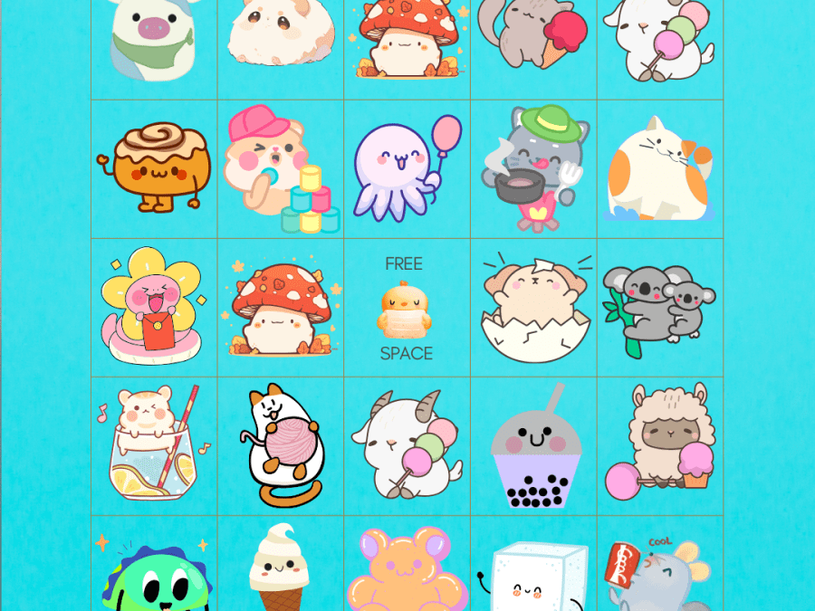 Aqua background with colourful Squishmallows arranged like a Bingo sheet