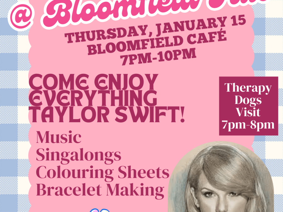 Pink background with blue and white plaid border with text inviting viewer to Thu Jan 15 - Therapy Dogs and Swifties Night at Bloomfield Hub