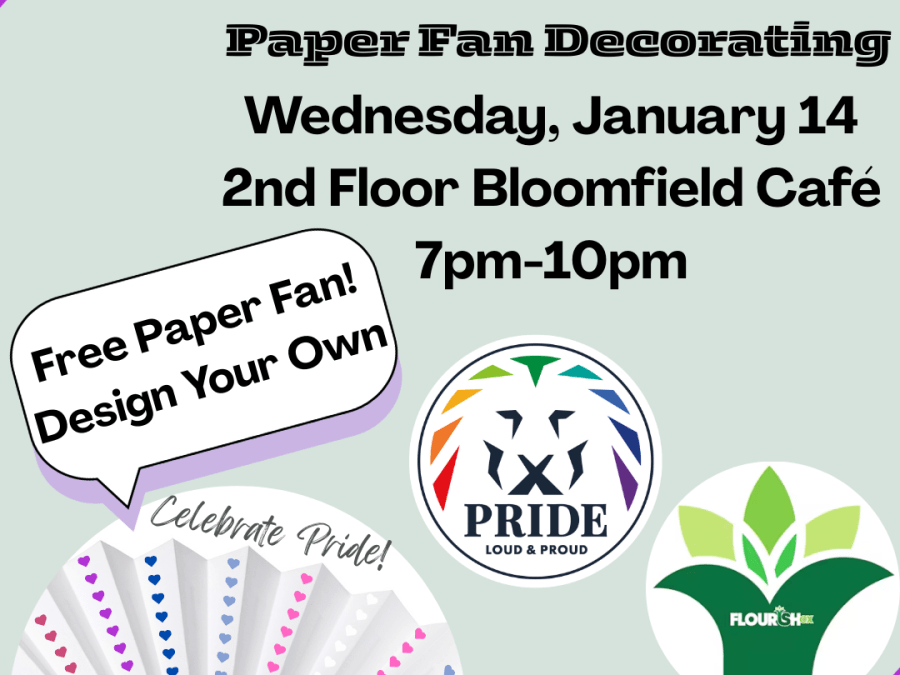Pale blue background with Pride Flag Boarder Inviting you to STFX Pride Month Paper Fan Decorating