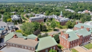An aerial view of StFX campus including buildings and trees